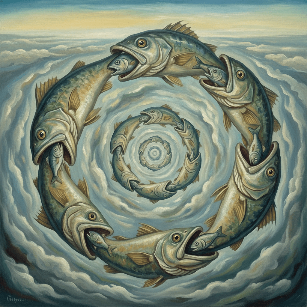 Surrealist painting of fish swallowing each other in a spiral alongside iconic melting clocks.