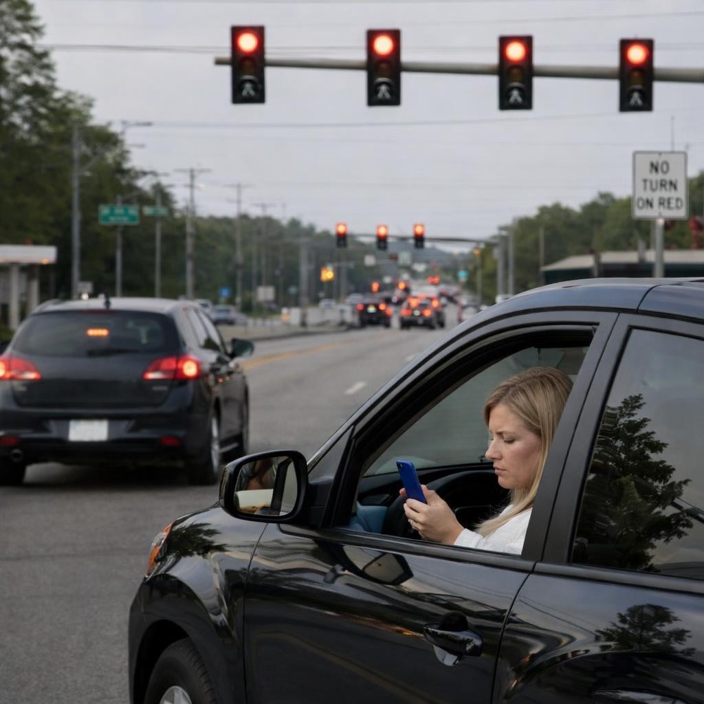 Drivers using smartphones while stopped at red traffic lights in traffic