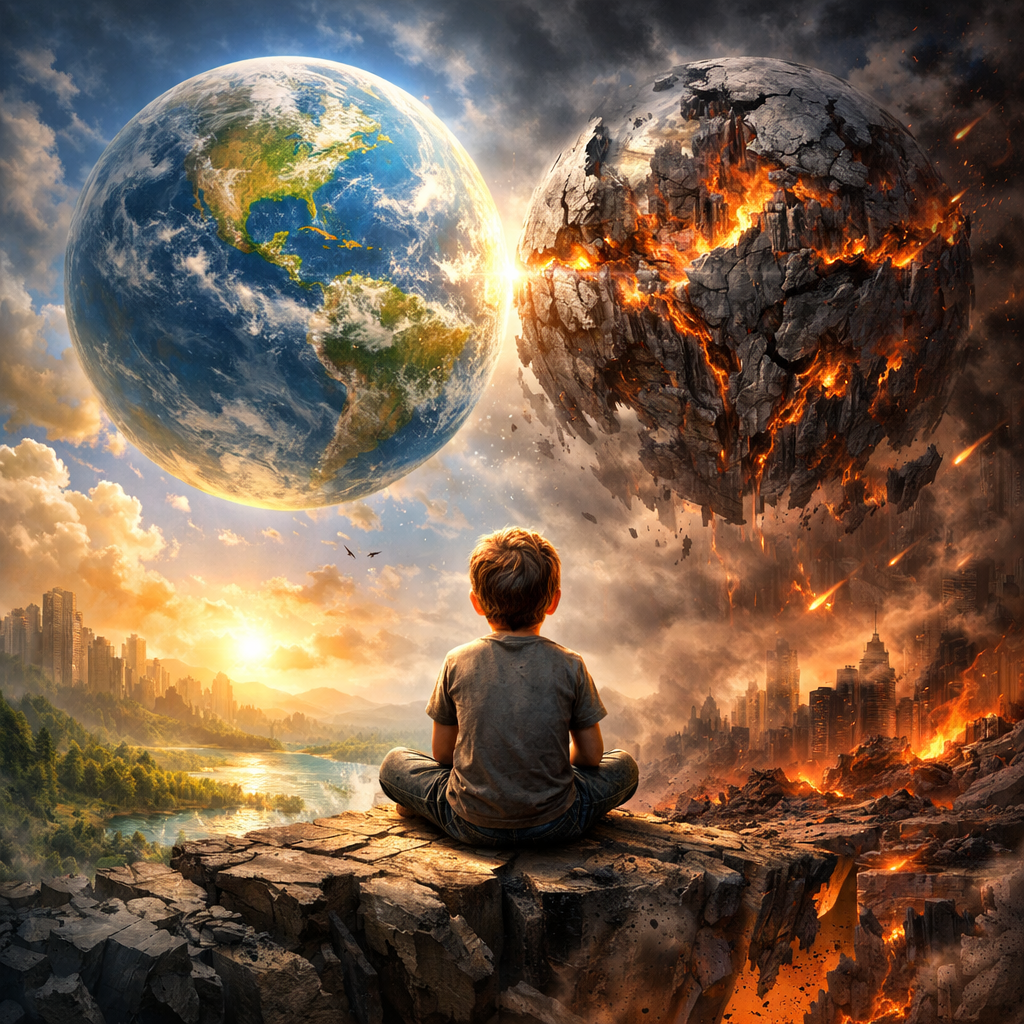 A boy sitting on a rocky cliff facing a lush Earth and a fiery cracked planet