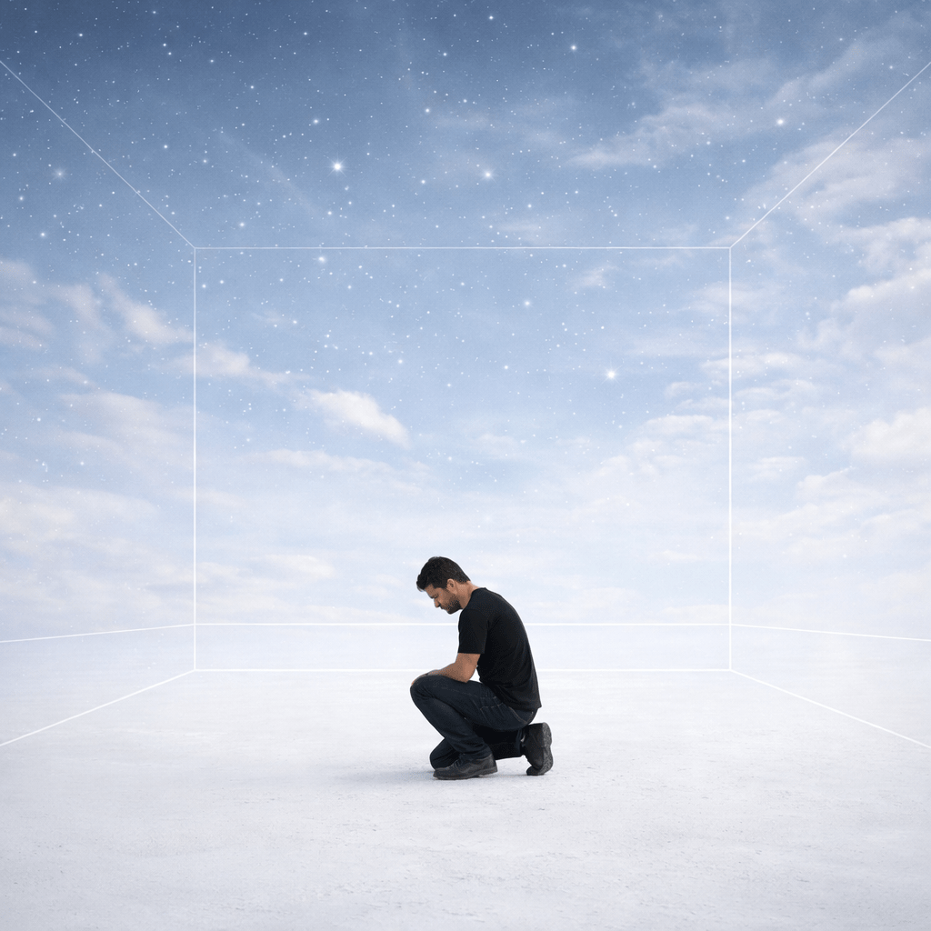 Man kneeling on one knee in an expansive white landscape with a clear blue sky