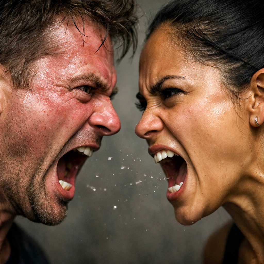 Man and woman yelling angrily at each other face to face with spit flying