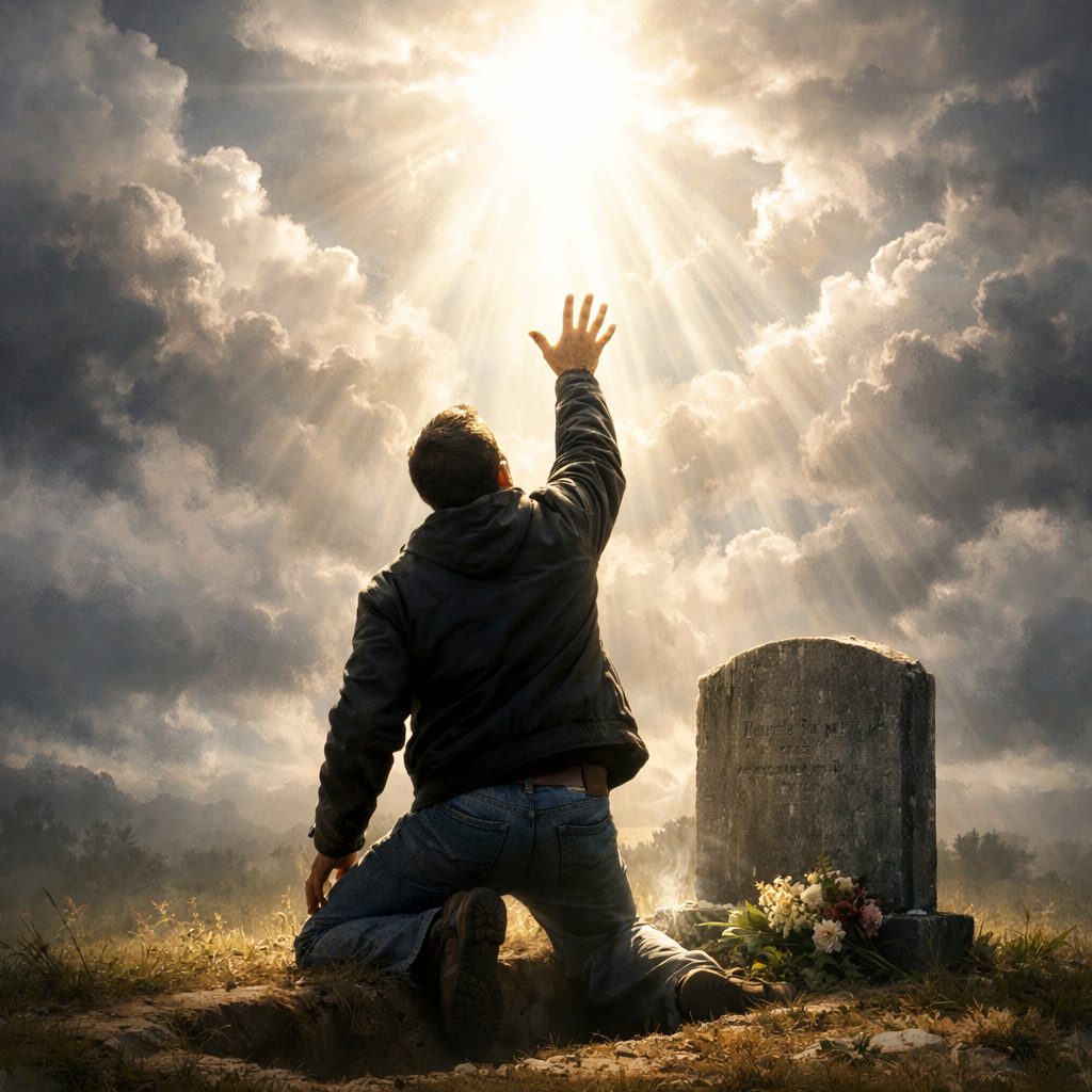 Man kneeling by a grave reaching up toward bright sunlight breaking through clouds