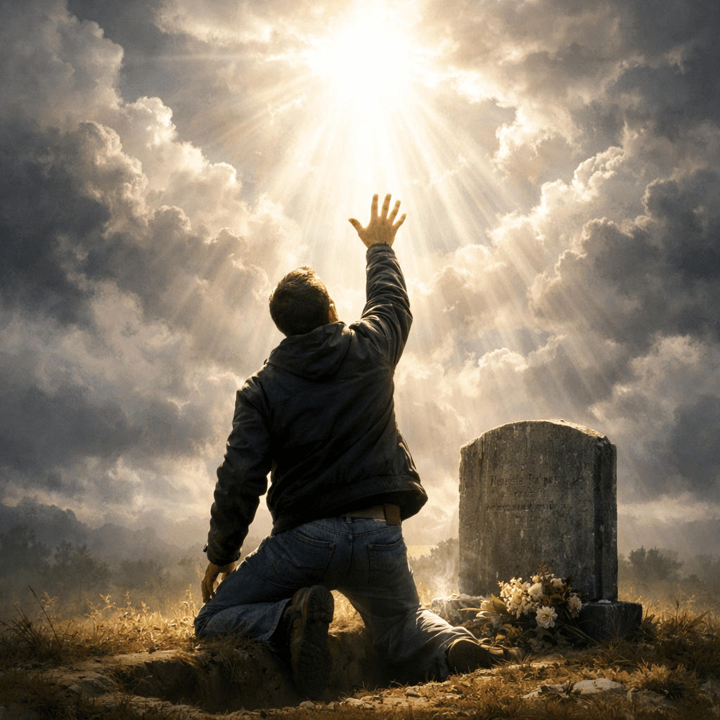 Man kneeling by a grave reaching up toward bright sunlight breaking through clouds