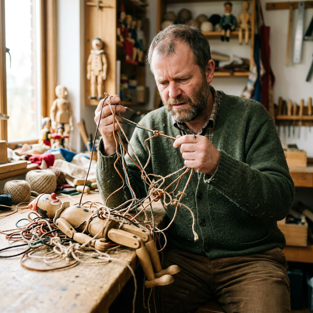 Man repairing strings on a wooden marionette puppet in a workshop
