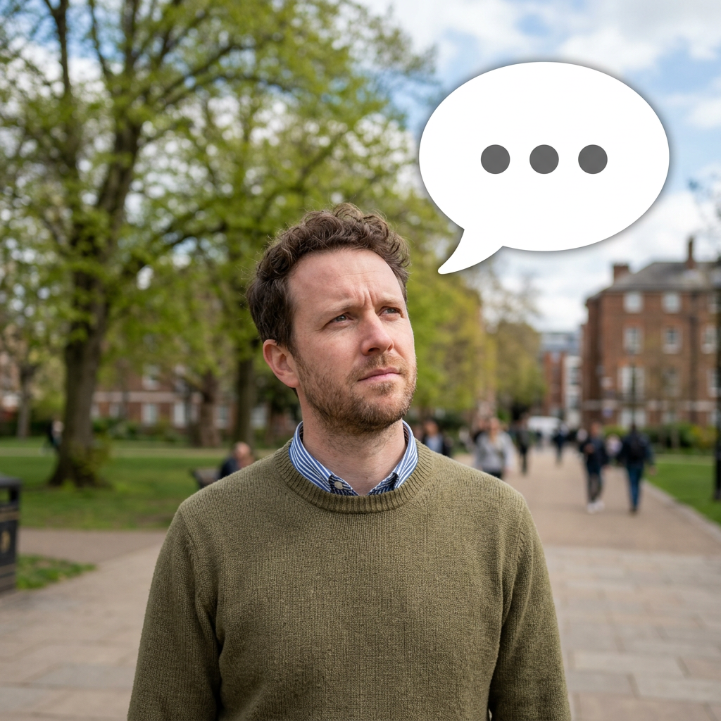 Man outdoors with thoughtful expression and speech bubble containing three dots