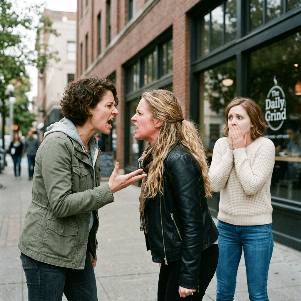 Two women yelling at each other on a sidewalk with a shocked woman nearby