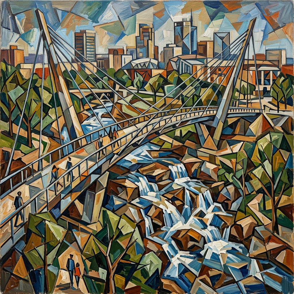 Cubist painting of suspension bridge over rocky waterfalls with city skyline