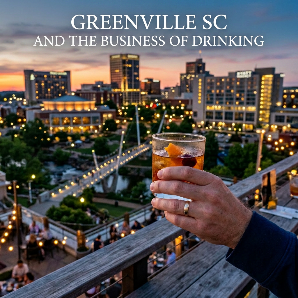 Hand holding a cocktail glass with a city skyline and illuminated bridge at sunset in the background