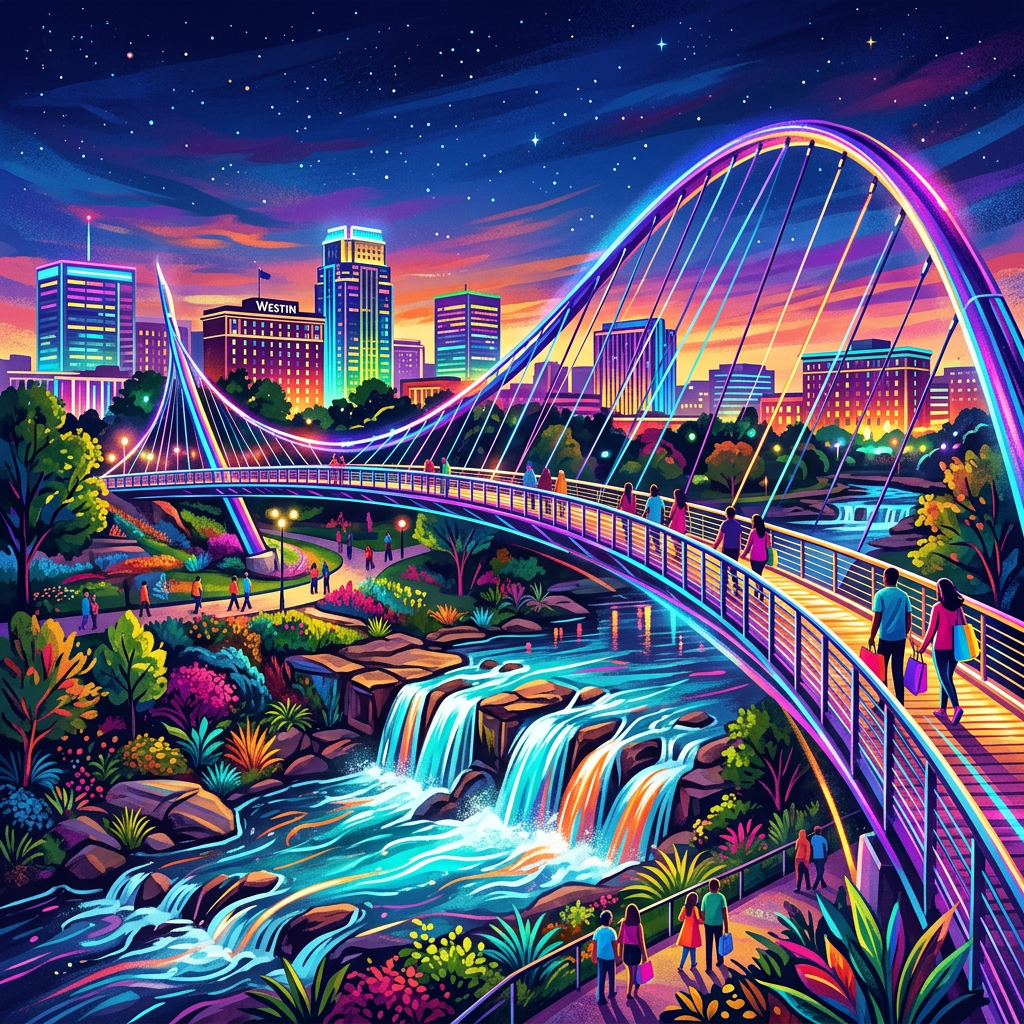 Arched pedestrian bridge with colorful lighting over a flowing river in a vibrant cityscape at dusk