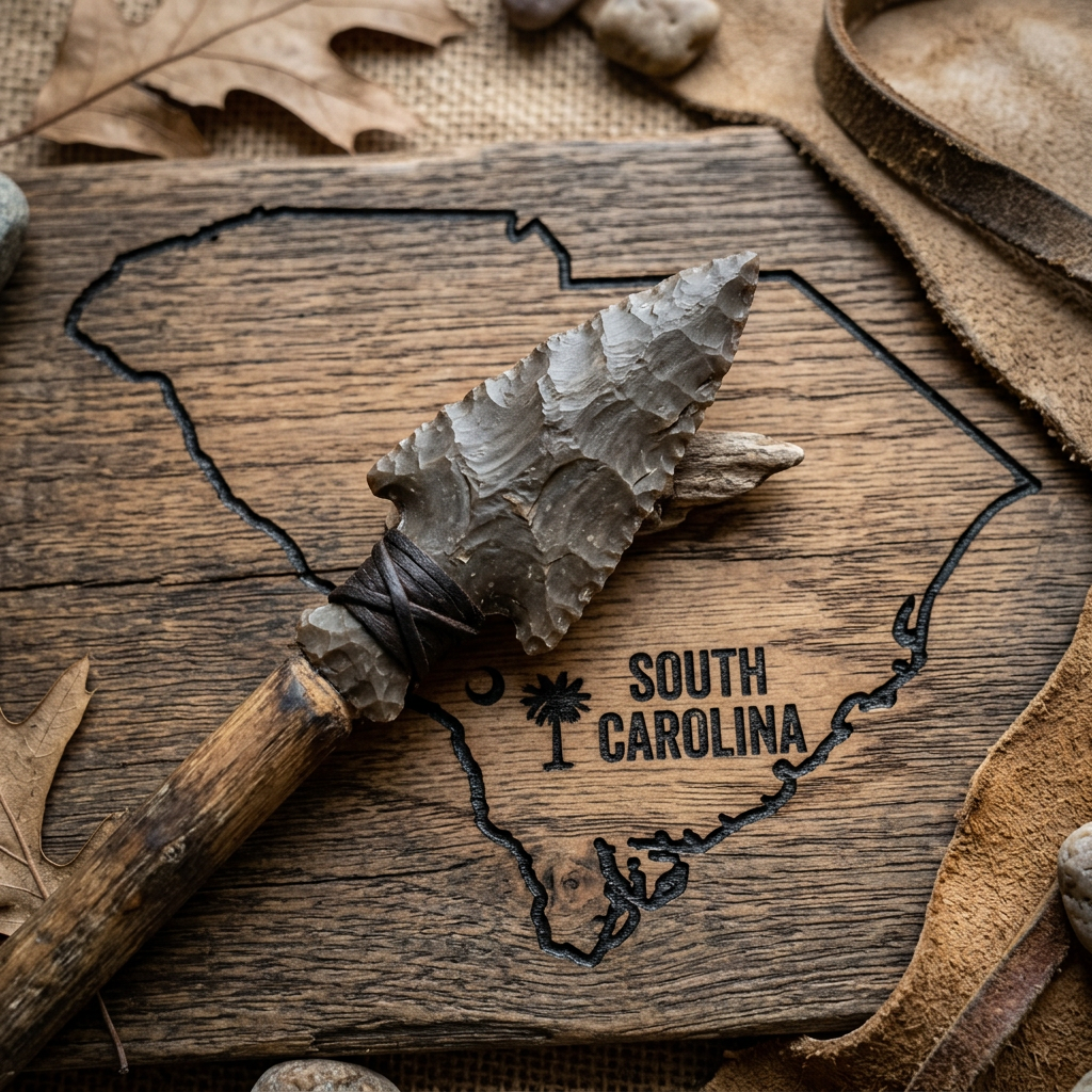 Stone arrowhead with wooden handle placed on South Carolina map plaque