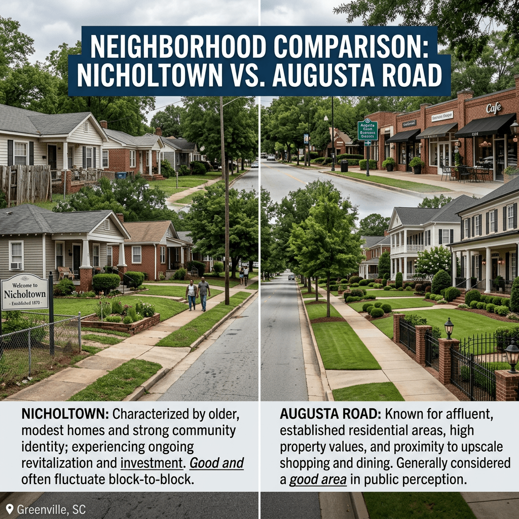 Side-by-side comparison of Nicholtown older modest homes and Augusta Road affluent homes and shops