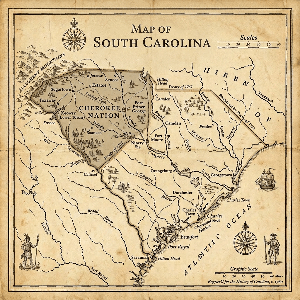 Historic map of South Carolina and Cherokee Nation with towns, rivers, and boundaries