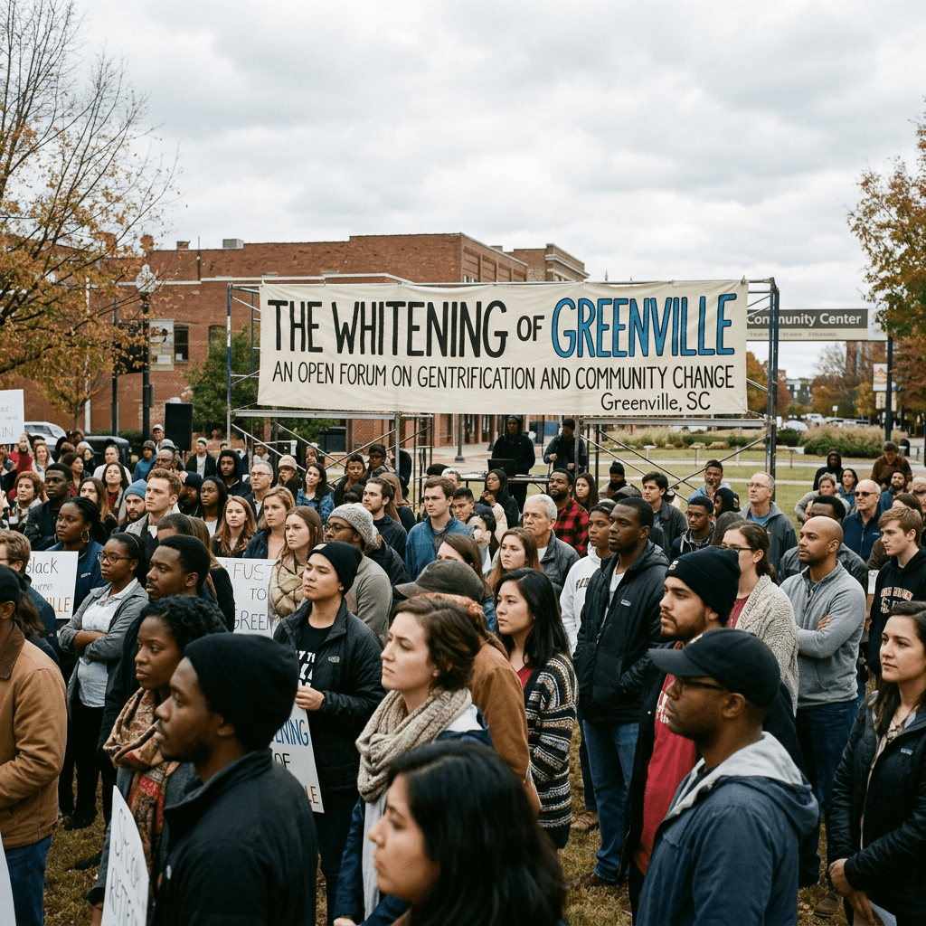 Crowd of people at an outdoor forum about gentrification and community change in Greenville