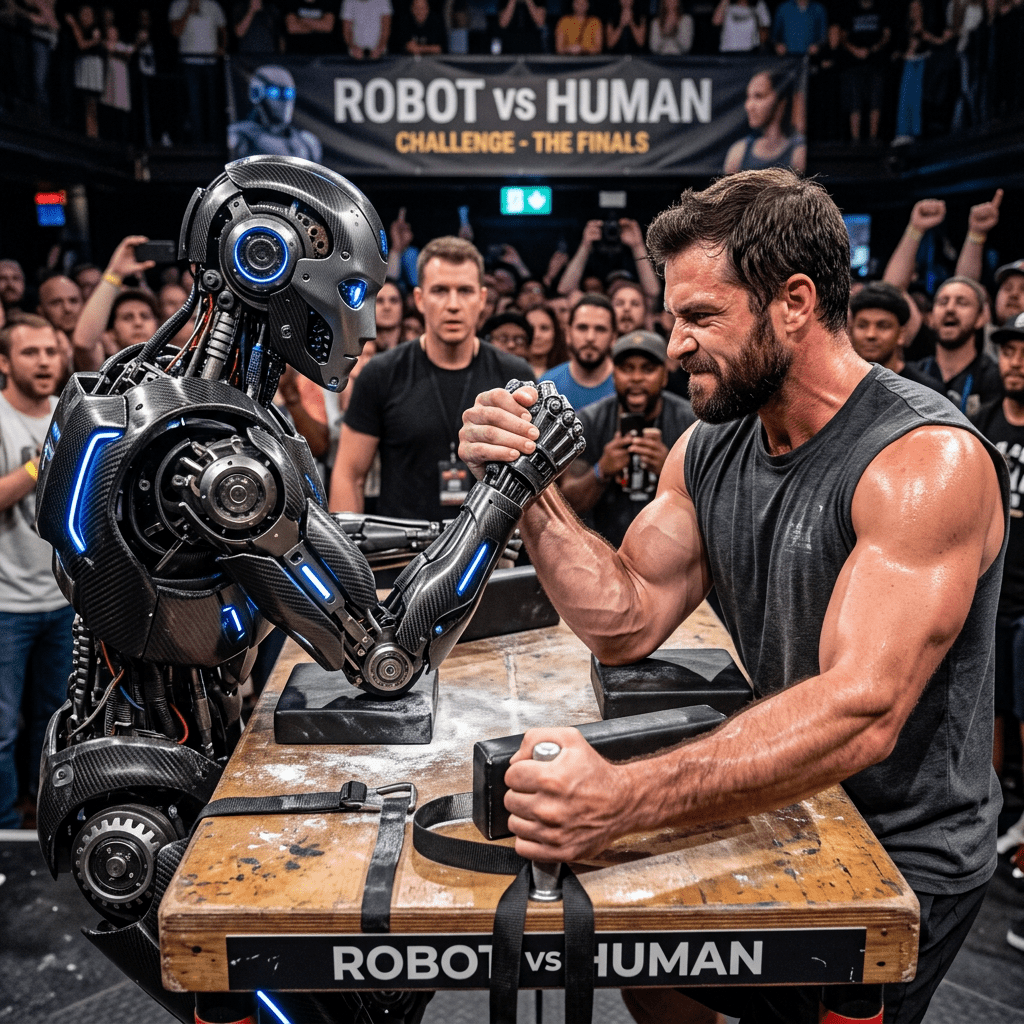 Robot and man arm wrestling at competition with spectators