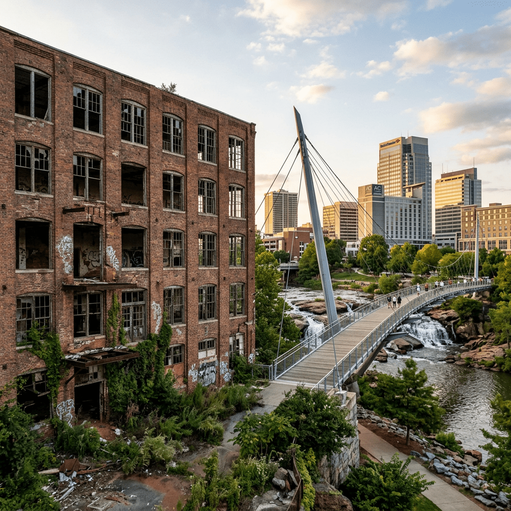 Suspension pedestrian bridge over a river next to a large abandoned brick building with broken windows and graffiti, city skyline in background