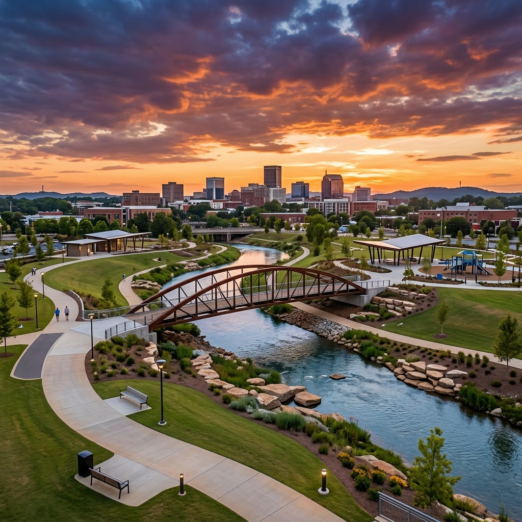 City park with river, pedestrian bridge, pathways, and playground at sunset