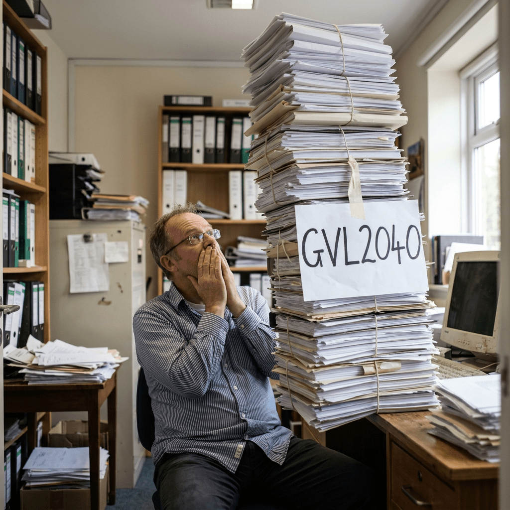 Man sitting at desk looking shocked at a tall stack of bundled papers labeled GVL2040