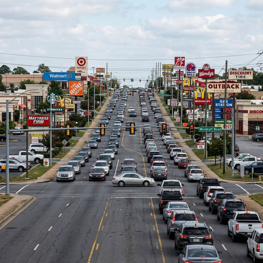 Several lanes of heavy traffic on a busy commercial street with various store and fast food signs