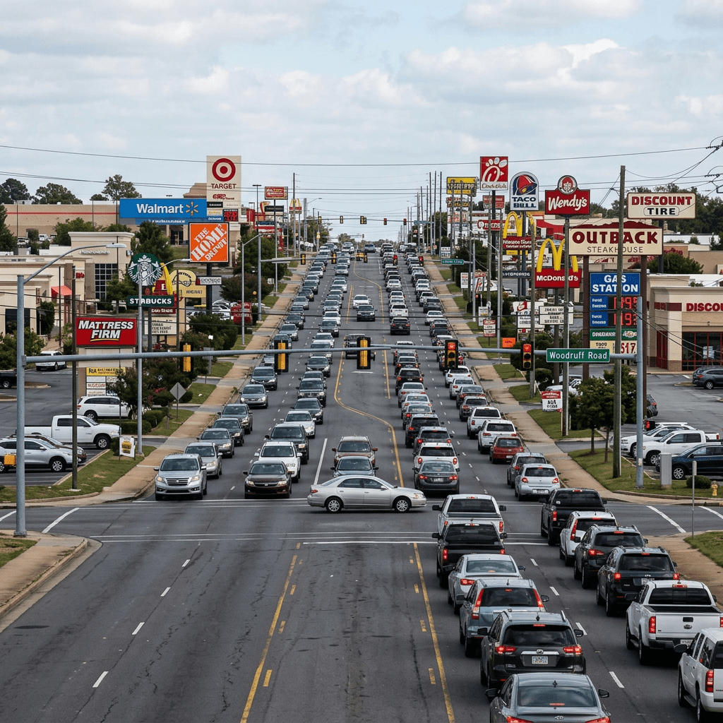 Several lanes of heavy traffic on a busy commercial street with various store and fast food signs