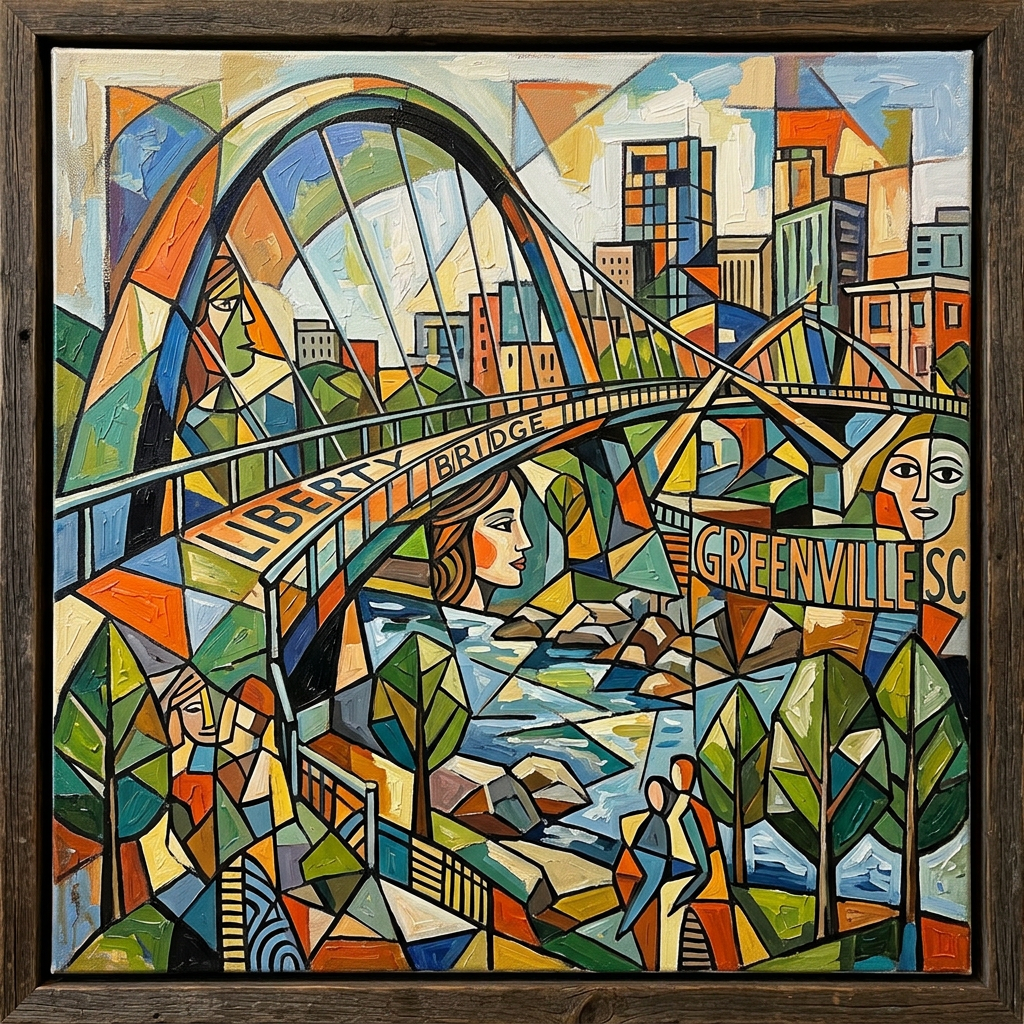 Cubist style painting of Liberty Bridge and Greenville SC skyline with abstract human faces and trees