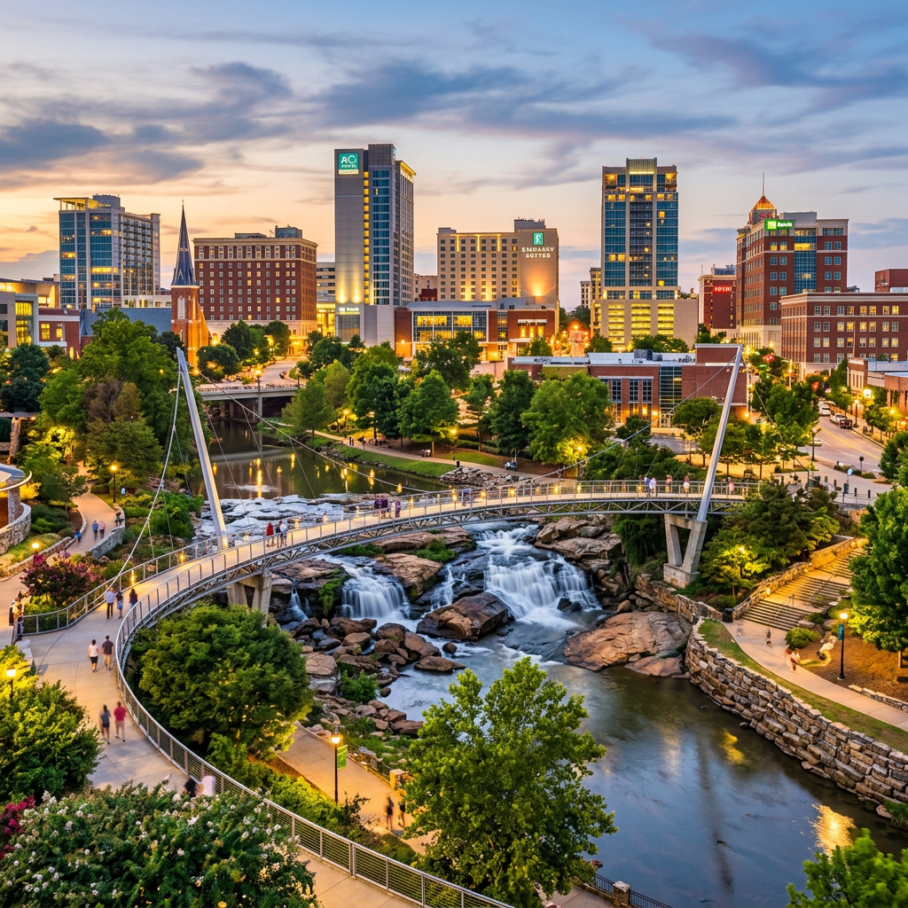 Pedestrian bridge over waterfall in urban park with city skyline at dusk