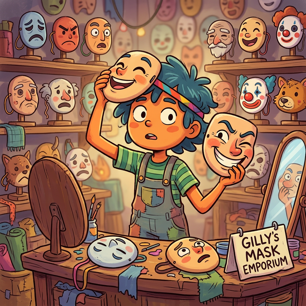 A child holding two masks with different expressions in a room filled with various emotional masks for sale