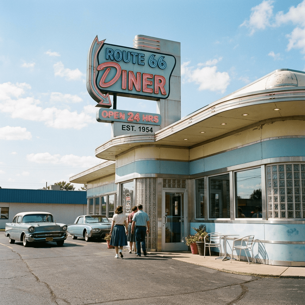 Blue and cream vintage diner with Route 66 neon sign reading 'Open 24 Hrs' and people walking inside