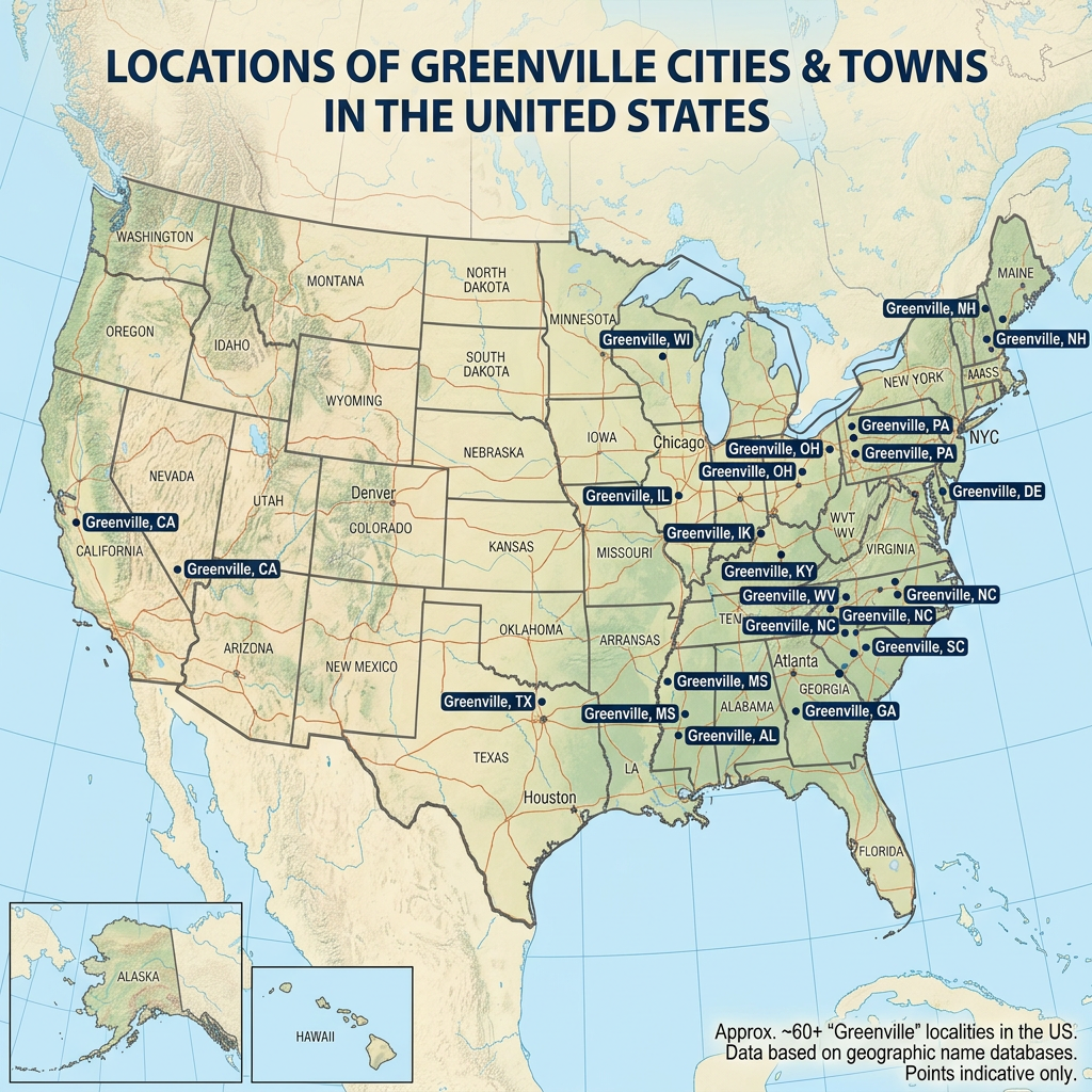 Map of the United States highlighting cities and towns named Greenville in various states.