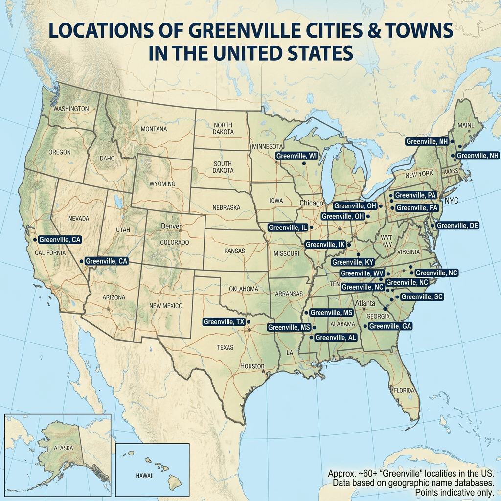 Map of the United States highlighting cities and towns named Greenville in various states.