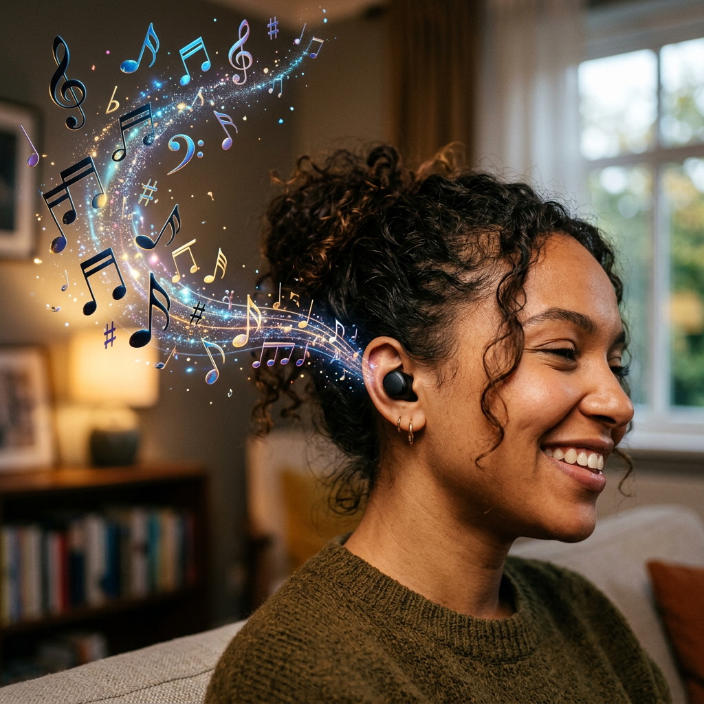 Young woman wearing wireless earbuds smiling with musical notes illustrated around her ear