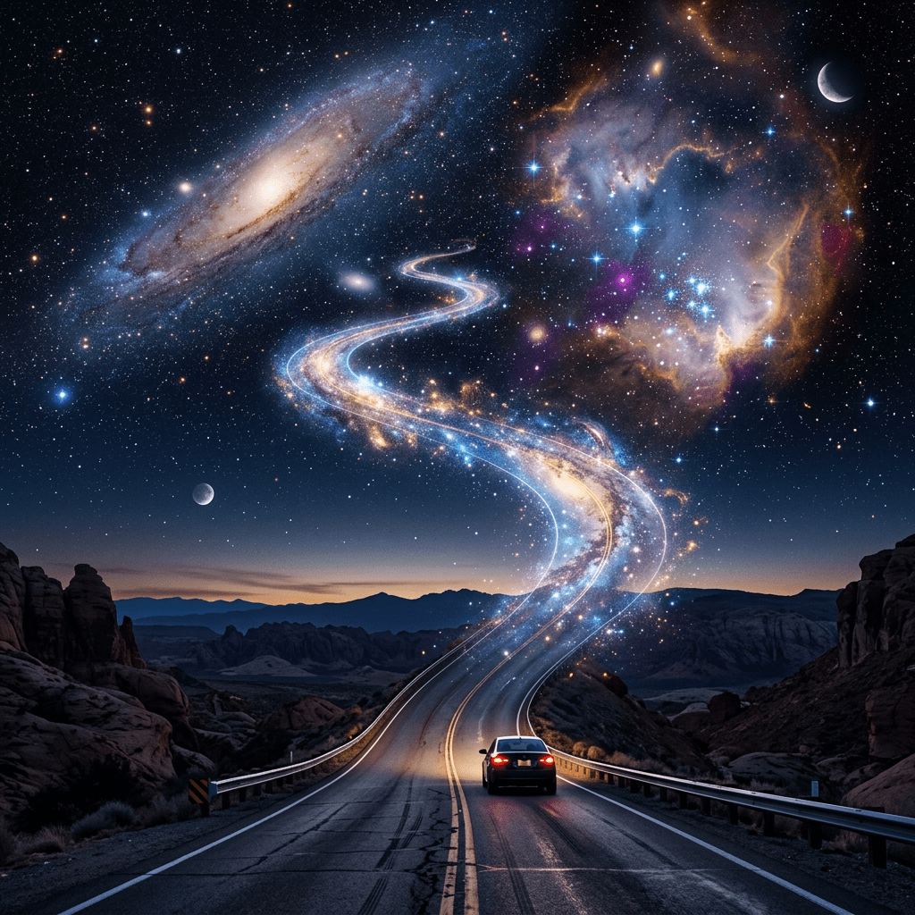 Surreal road transforming into cosmic pathway