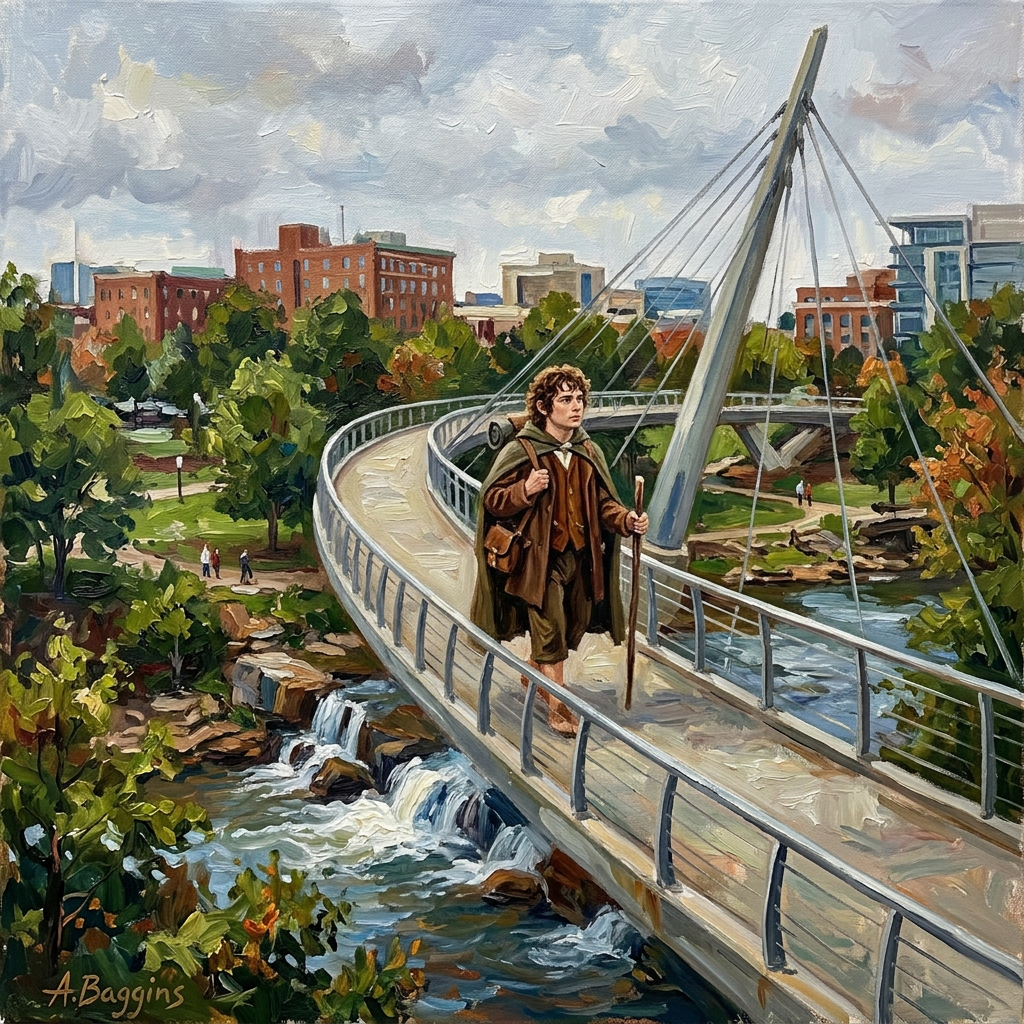 A hobbit-like figure with a walking stick crossing a modern suspension bridge above a river with rocks and small waterfalls in an urban park.