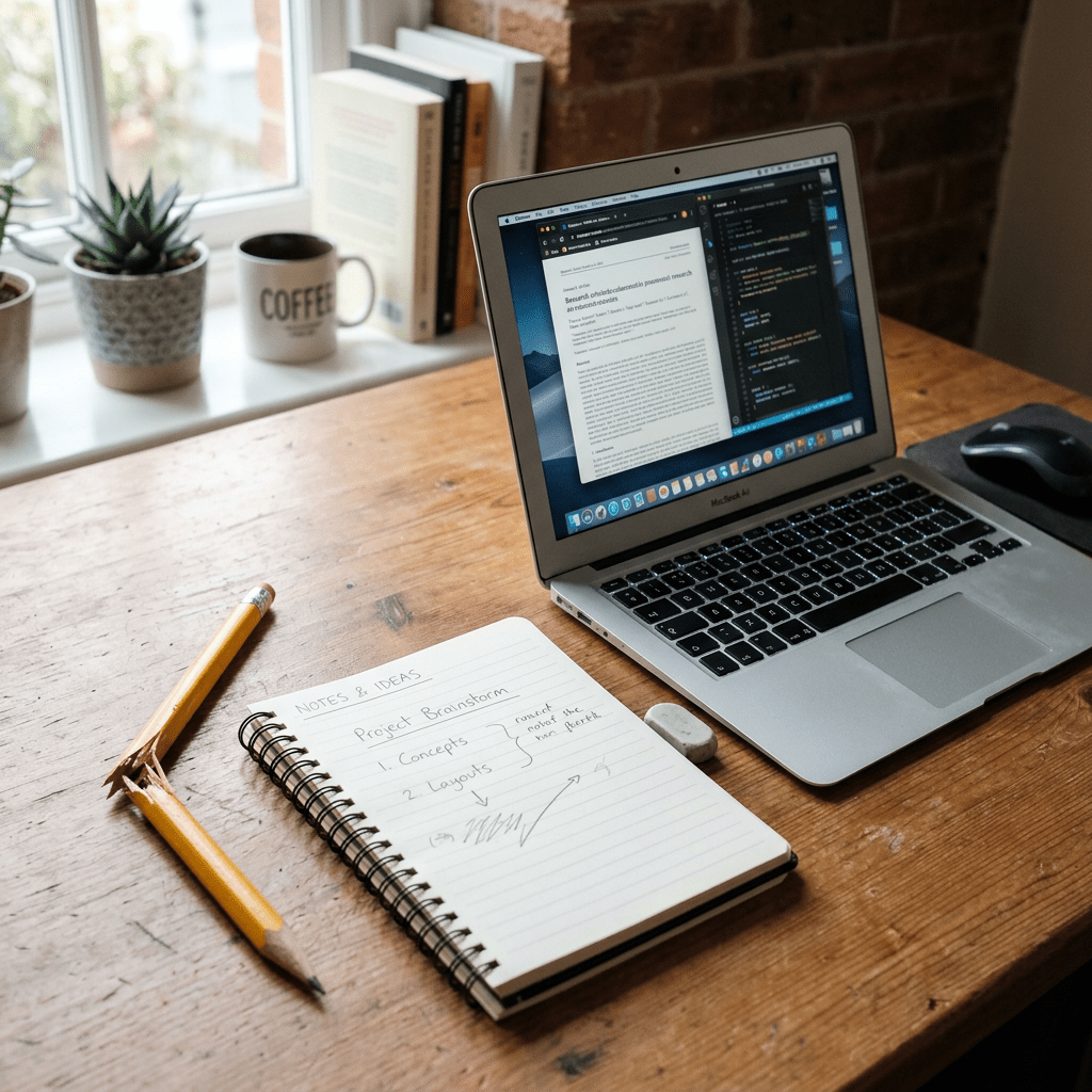 Laptop displaying coding and research documents next to notebook with handwritten brainstorming notes and broken pencil on wooden desk